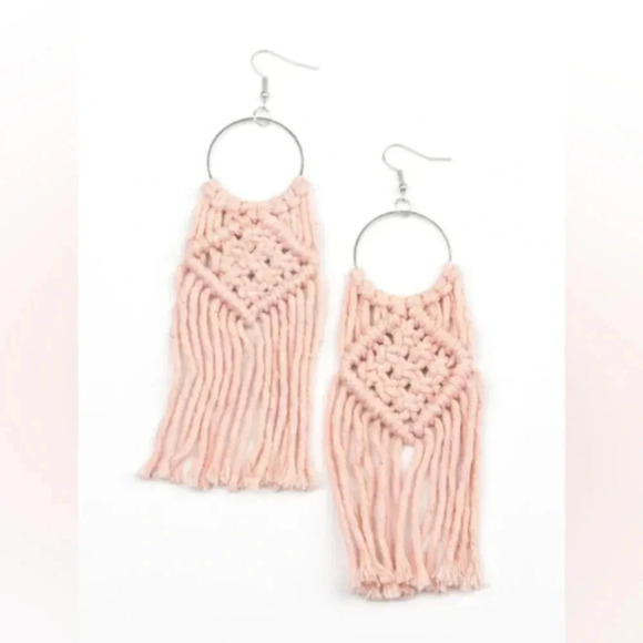 Jewelry - Handmade Soft Pink Silver Hoop Macrame Cord Fringe Earrings